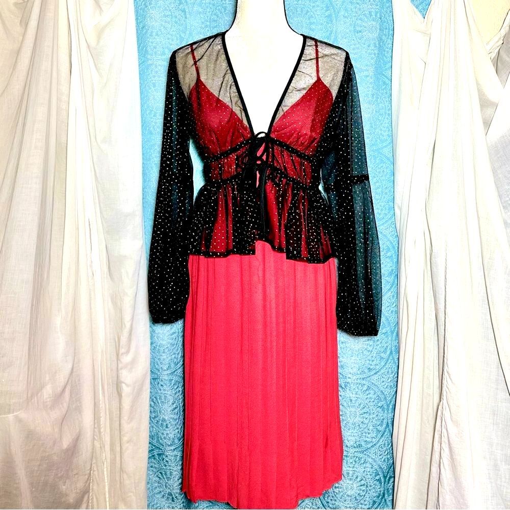 🌟 Hesperus Mesh Gold Micro Dot Peplum Blouse Cardigan Jacket Sz L/XL - Picture 2 of 8